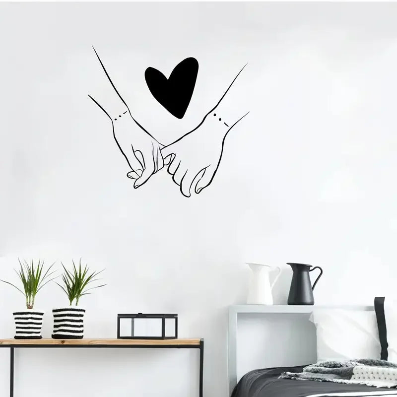 Romantic Couple Hands with Heart Wall Sticker - Self-Adhesive Removable PVC Decal for Living Room, Bedroom, Dining Area & Entryw