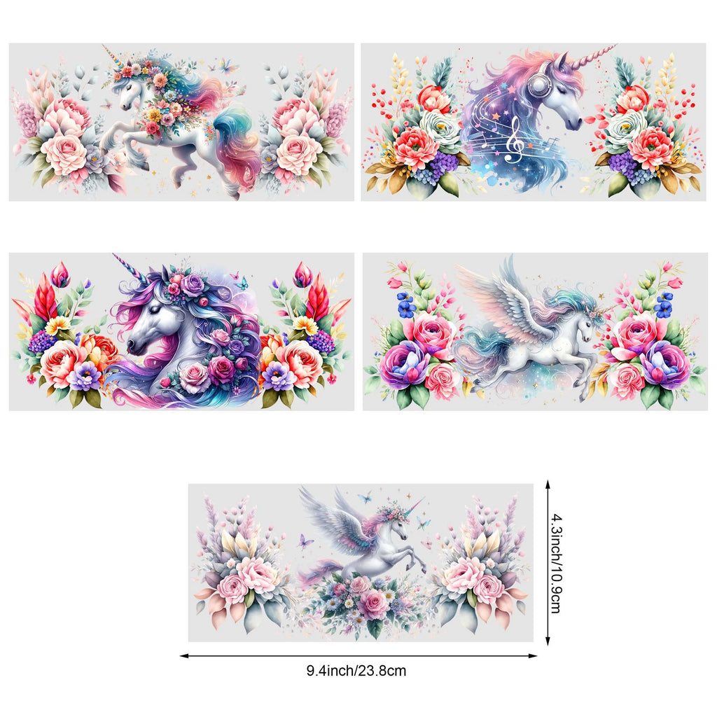 5 sheets unicorn UV DTF cup packaging for 16oz glass cups, waterproof UV DTF stickers for 16oz glass cups, DIY, furniture, craft