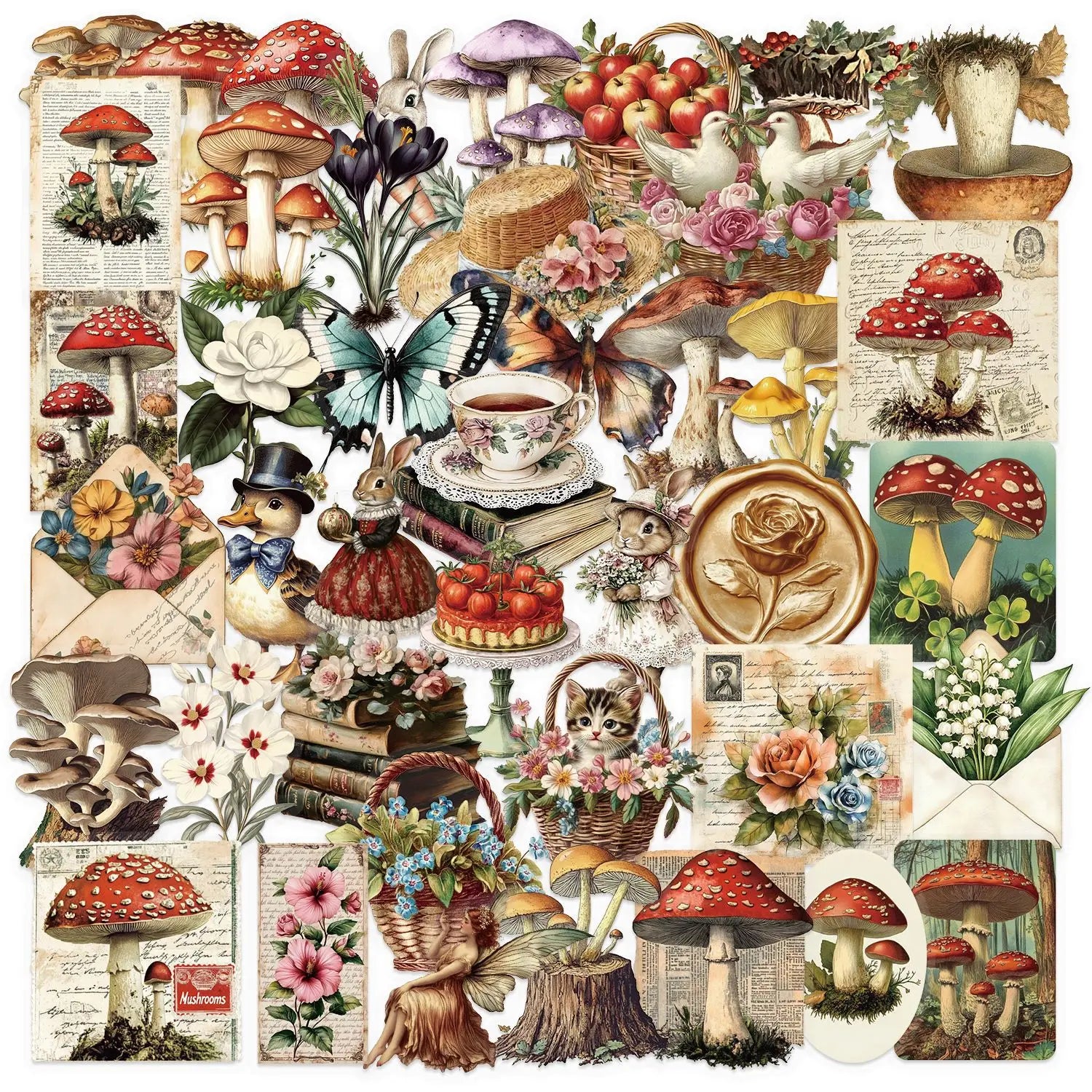 50PCS Transparent PET Leaf/Vintage Mushroom Sticker Bag Waterproof Plastic Decor Guitar Notebook Stickers