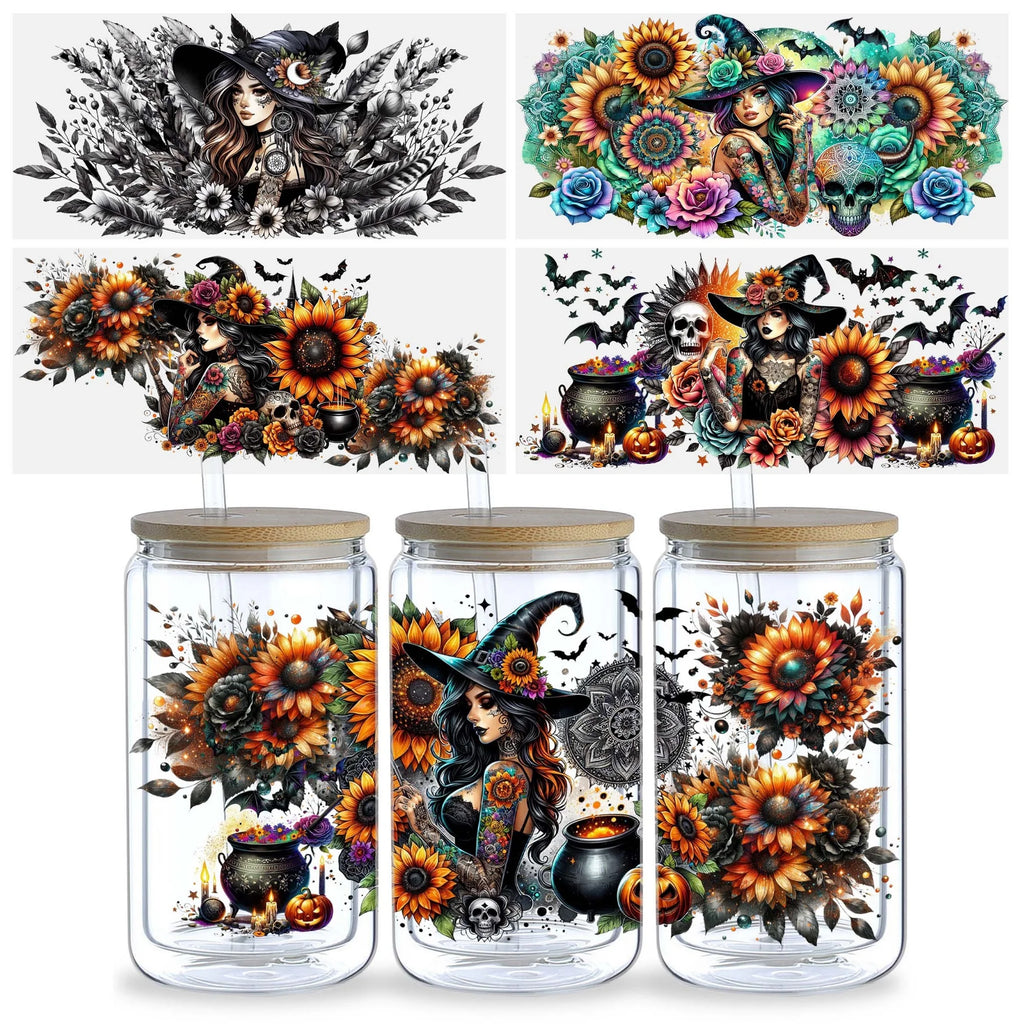5 Sheets Halloween Witch UV DTF Glass Cup Wrap Transfer Stickers, DTF Transfer Stickers, Waterproof Wipe-Off Transfer