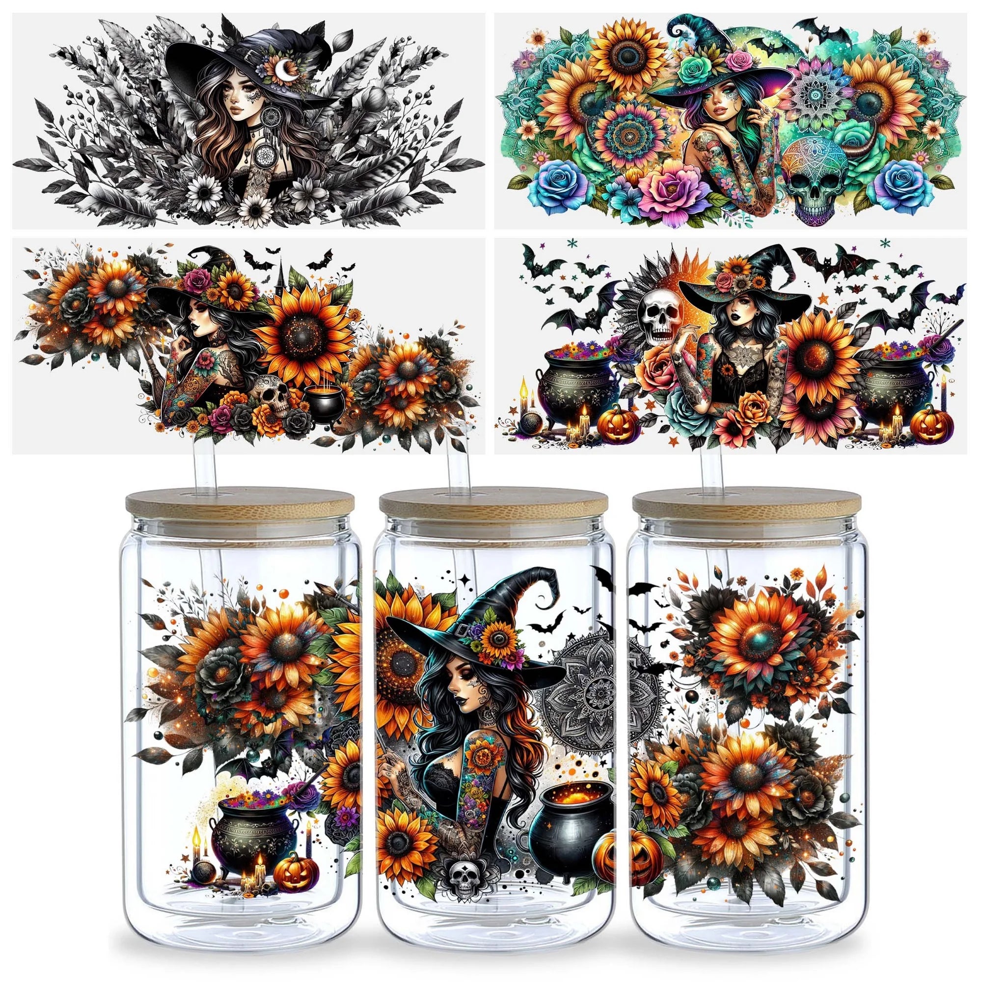 5 Sheets Halloween Witch UV DTF Glass Cup Wrap Transfer Stickers, DTF Transfer Stickers, Waterproof Wipe-Off Transfer