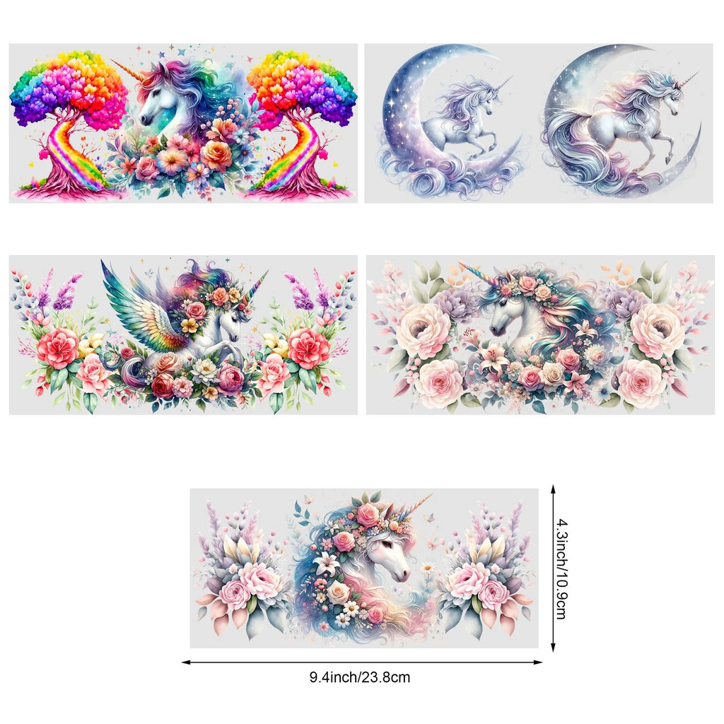 5 sheets unicorn UV DTF cup packaging for 16oz glass cups, waterproof UV DTF stickers for 16oz glass cups, DIY, furniture, craft