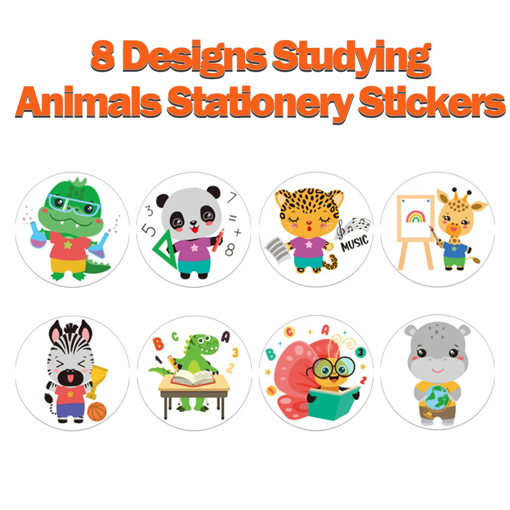 1Roll(500Pcs) Learning Animals Reward Stickers for Students 1.0'' Round 8 Designs Decal Diy Adorn Gifts Package Home Decoration