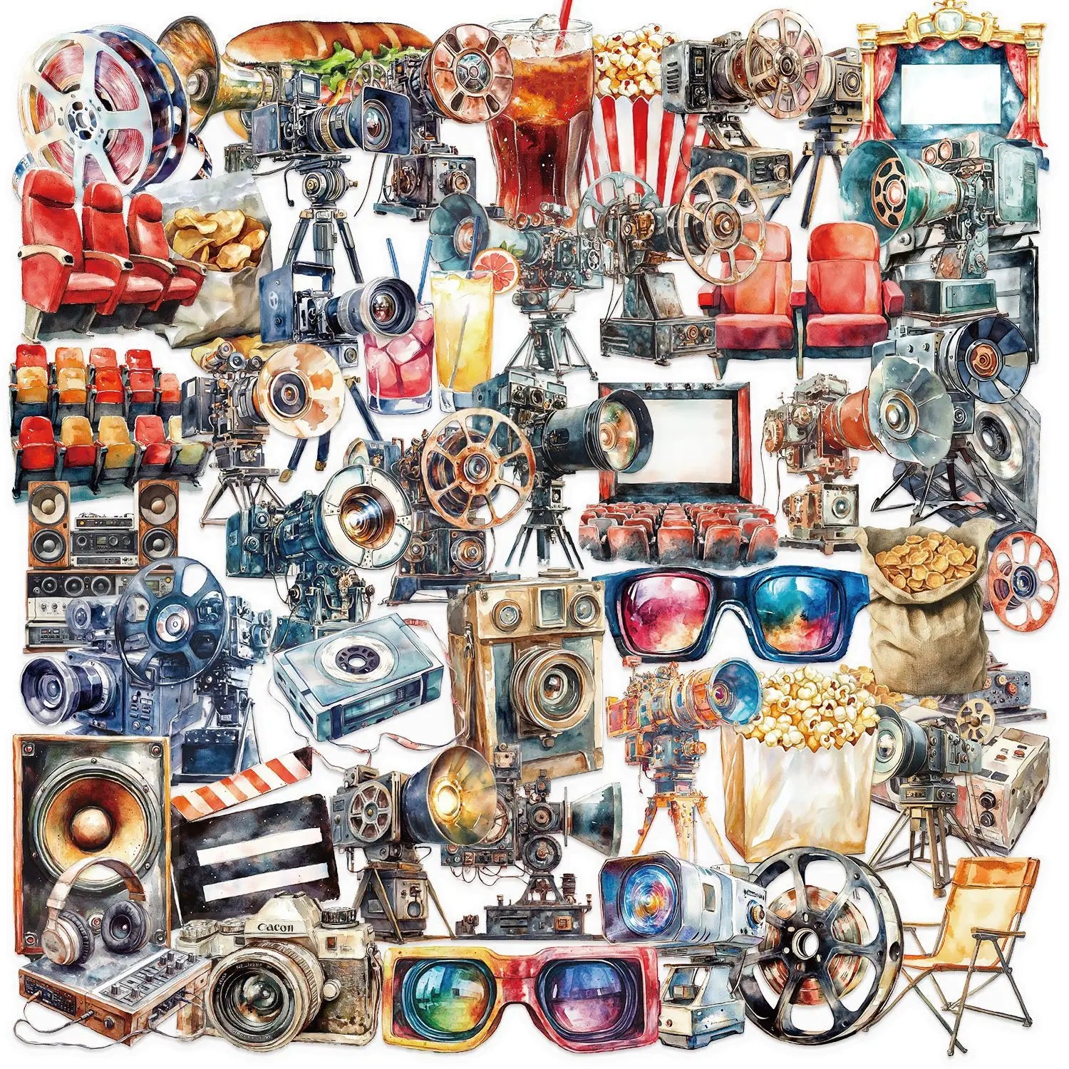 50/100 Pcs HD Colorful Retro Movie Theme Stickers Clear PET Waterproof for Scrapbook Guitar Notebook Phone Diary Decals