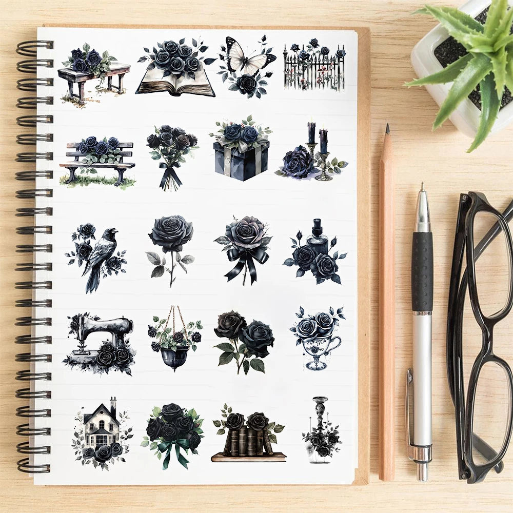50PCS Transparent Cartoon Dark Rose Sticker Suitcase Laptop Material PET Bookkeeping Pack Creative Guitar Scrapbook Stickers