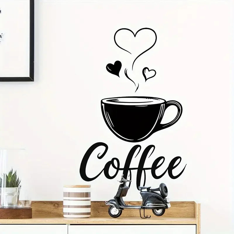 Chic Black Coffee Cup Wall Decal with Heart Accents - Contemporary Self-Adhesive, Easy-to-Apply Sticker for Kitchen, Bedroom, Li