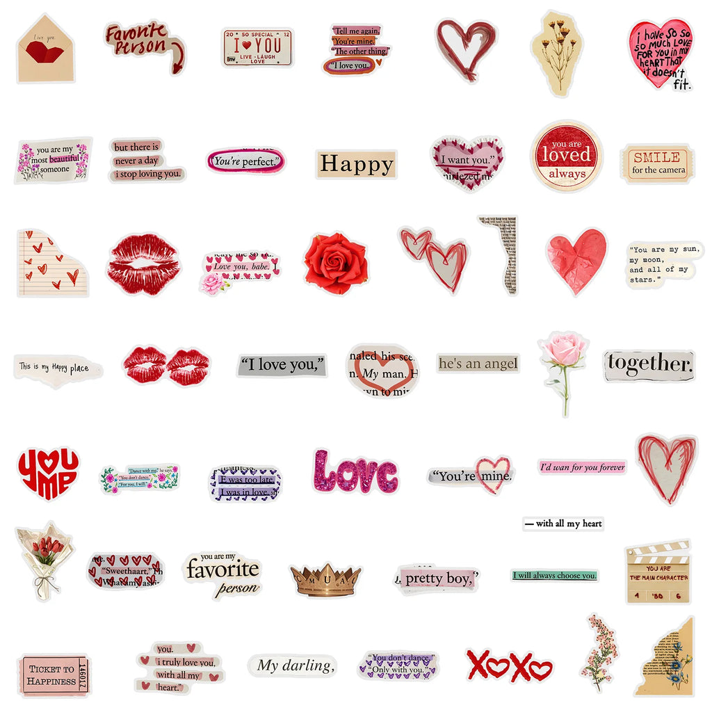 50-Pack Vintage Valentine's Day English PET Plastic Graffiti Stickers for Mobile Phones Notebooks Luggage Helmets Stationery
