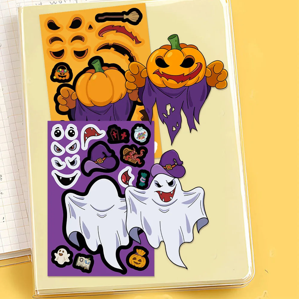 8PCS Halloween Face Changing Fun Ghost Graffiti Sticker Toys DIY Manual Luggage Motorcycle Laptop Luggage Stickers