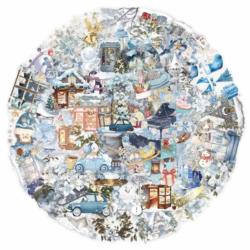 50-Pack Winter Watercolor Transparent PET Stickers for Journal Phone Case Notebook DIY Waterproof Decoration