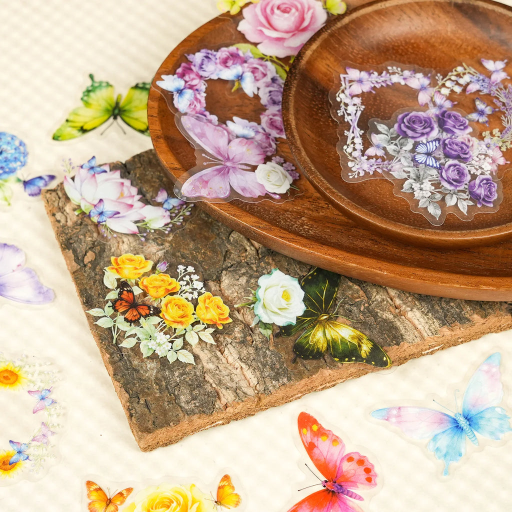 56/112Pcs Butterfly Flower Clear PET Stickers Elegant Dreamy Scrapbook DIY Material for File Holder Stationery Box Fridge Window