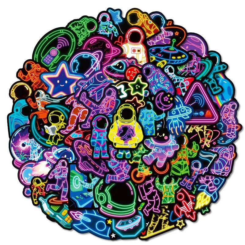 10/30/56PCS Kawaii Neon Astronaut PVC Sticky Sticker Aesthetic Children's DIY Decoration Scrapbooking School Supplies