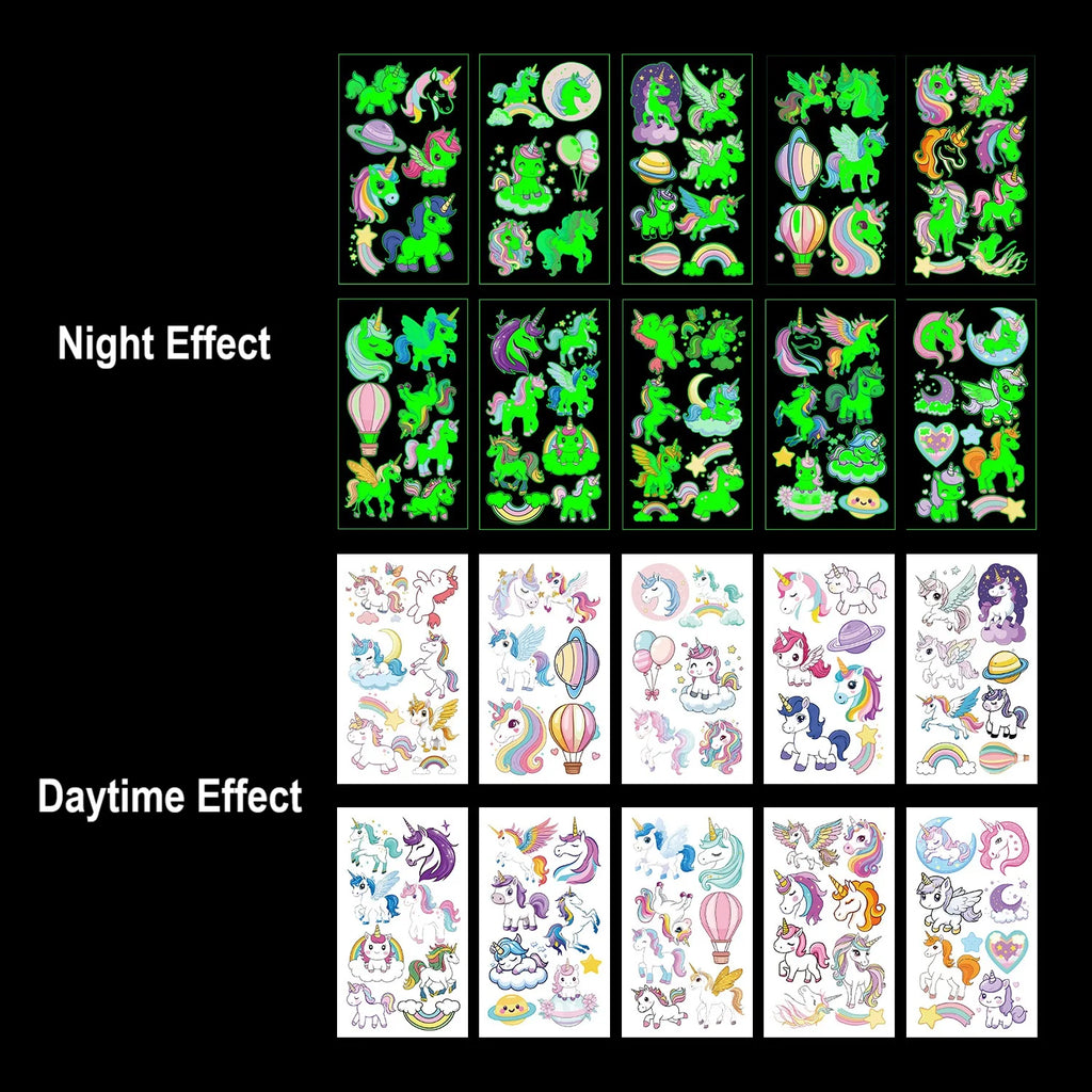 10Pcs Disposable Water Transfer Printing Unicorn/butterfly/Watch Luminous Tattoo Stickers Waterproof Party Gifts Funny Stickers