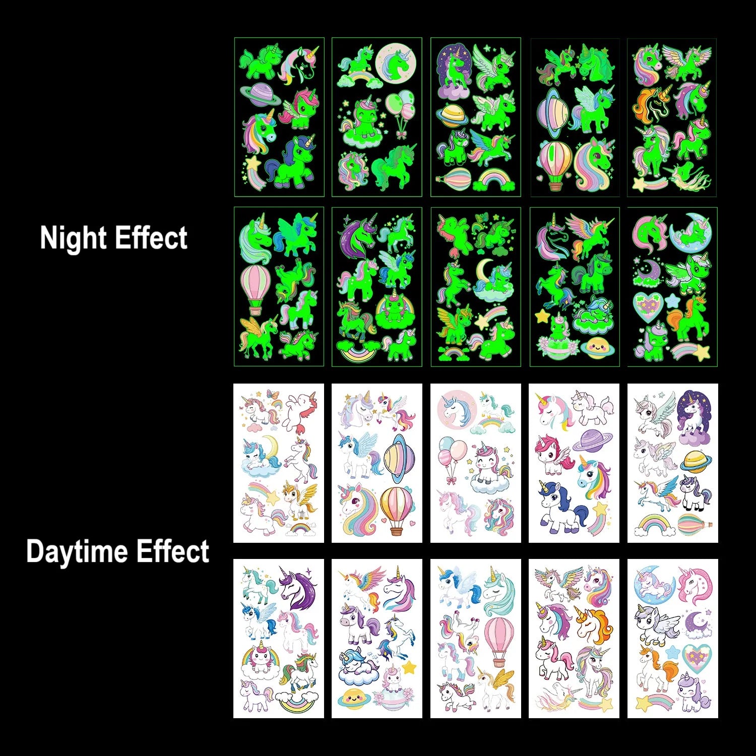 10Pcs Disposable Water Transfer Printing Unicorn/butterfly/Watch Luminous Tattoo Stickers Waterproof Party Gifts Funny Stickers