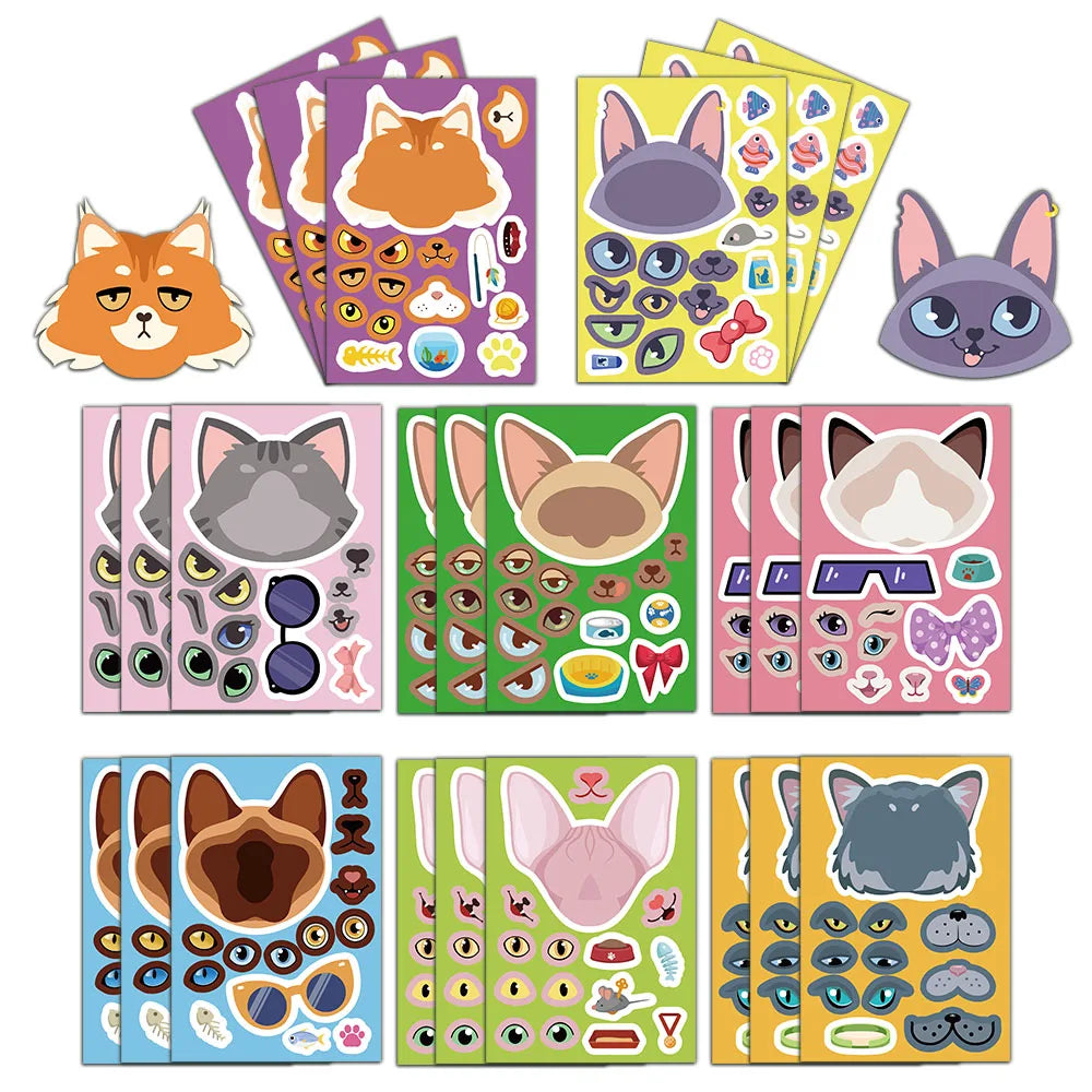 8PCS Cat Cartoon Face Changing Fun Puzzle Stickers DIY Handmade Clip Box Suitable for Tablet Speaker Puzzle Toy Stickers