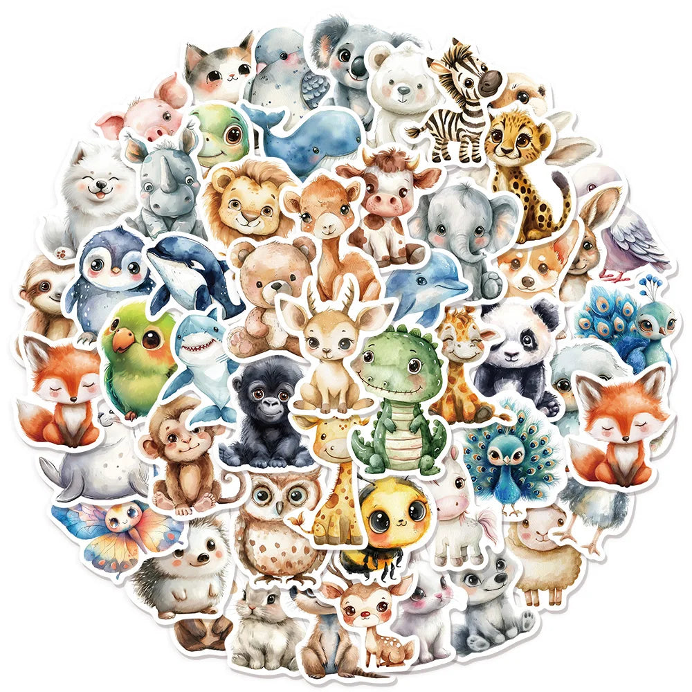 50PCS Cute Watercolor Diverse Animal Graffiti Stickers Cartoon DIY Skateboard Mobile Laptop Decoration Reward Stickers Toy