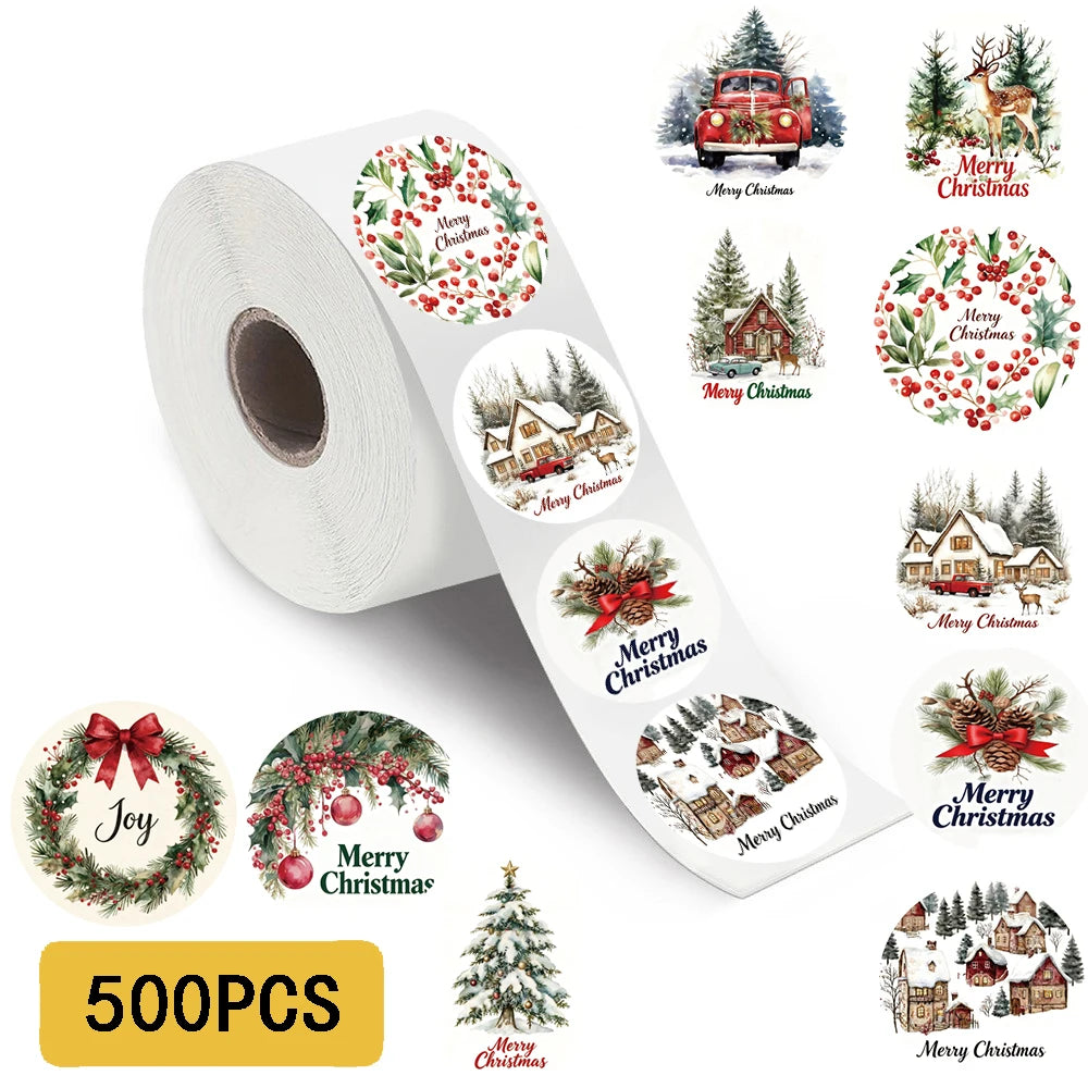 500Pcs/roll Merry Christmas Stickers Cartoon Laptop Phone Cafe Luggage Bicycle Cartoon Words Streetwear Waterproof Sticker