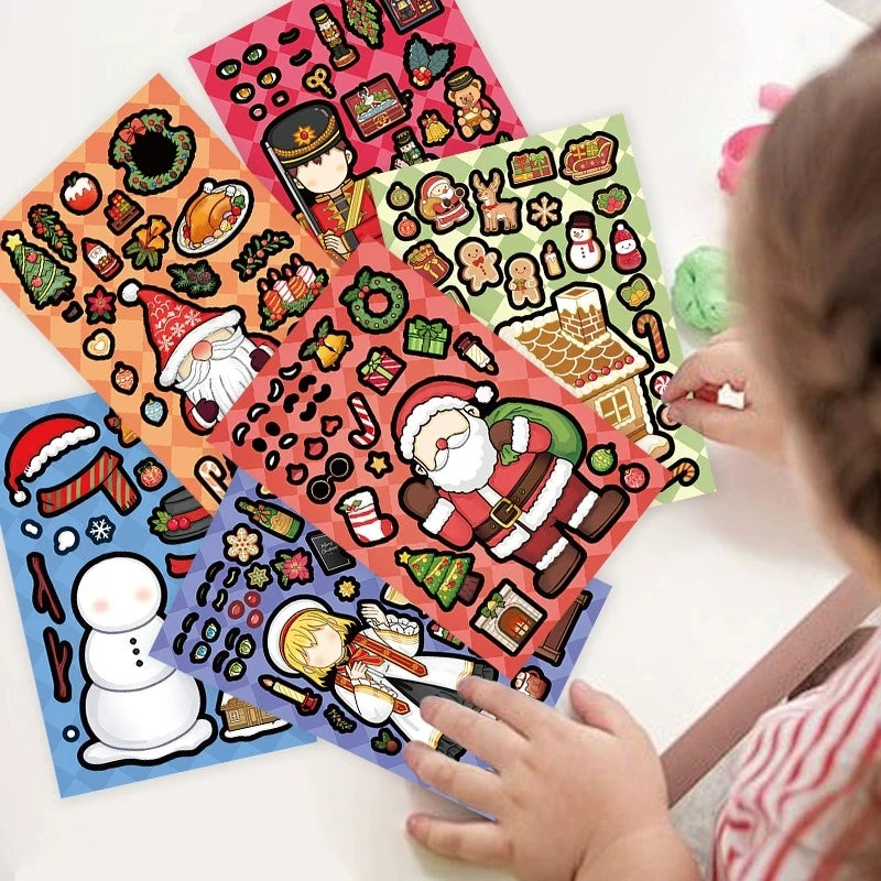8/16/24PCS Cartoon Christmas Elk Santa Claus Stickers DIY Toy Puzzle Make a Face Graffiti Waterproof Stickers