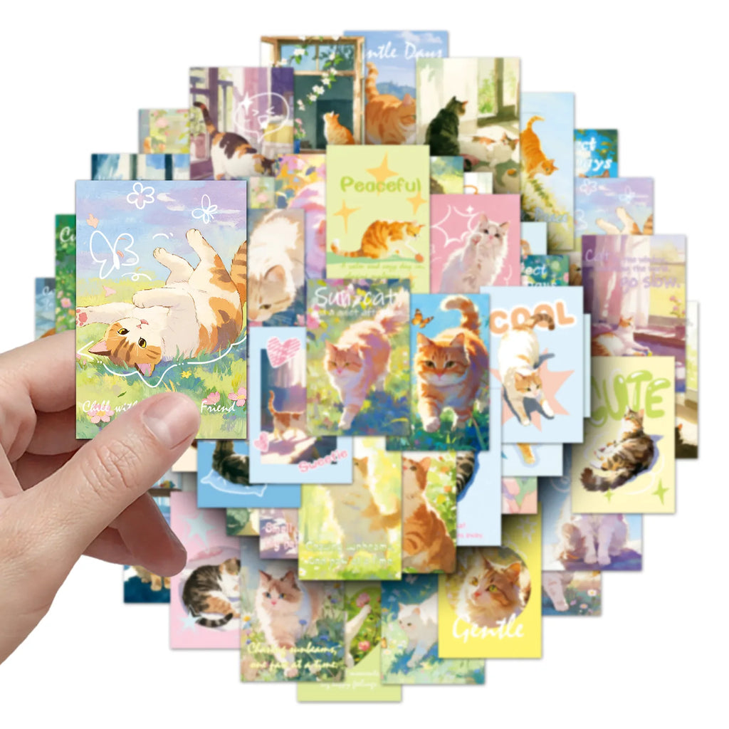 50PCS Healing Cat Aesthetic Stickers, INS Cute Student Stationery Journal Notebook Cup DIY Decorative Art Stickers