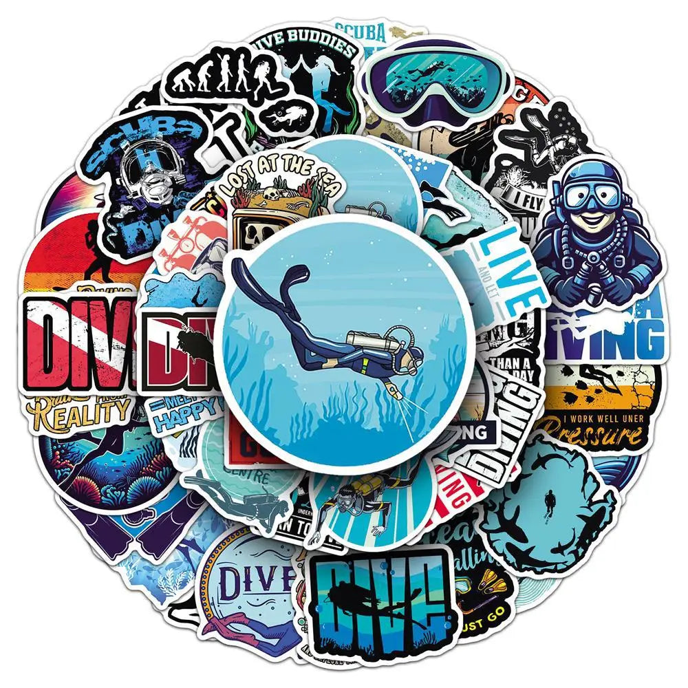 50-Pack Cartoon Diving Underwater Sports Graffiti Stickers Waterproof Decoration for Phone Luggage Fridge Notebook