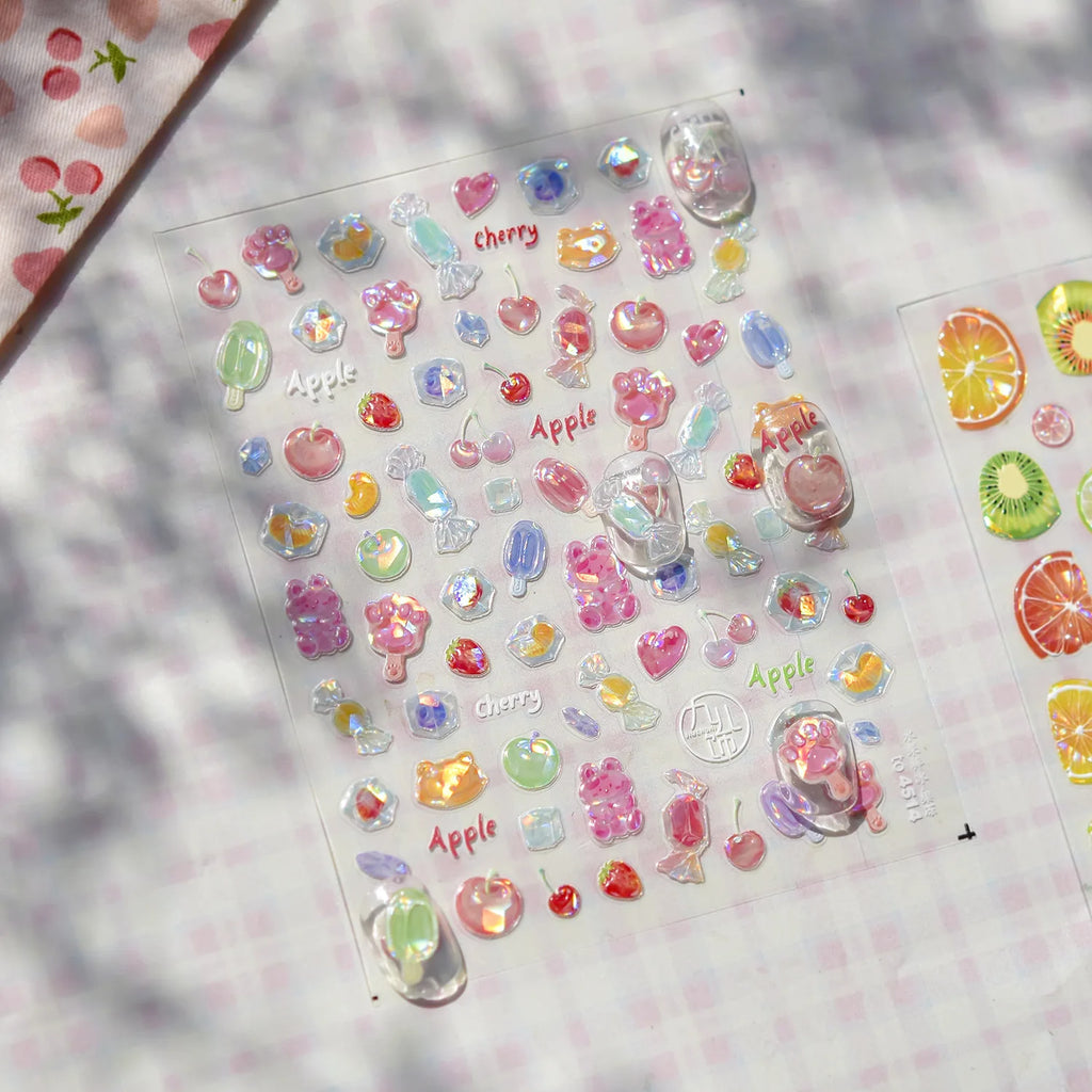 Colored Lemon Jelly Nail Stickers 5D Sweet Fruits Cartoon Calw Bear Candy Self Adhesive Nail Art Stickers DIY 3D Cute Nail Parts