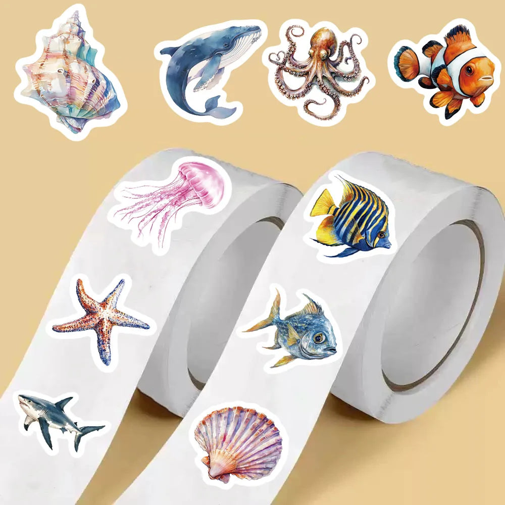 500PCS Marine Organism Roll Stickers Art Picture Laptop Scrapbooking Cartoon Stationery PVC Decorative Guitar Dormitory