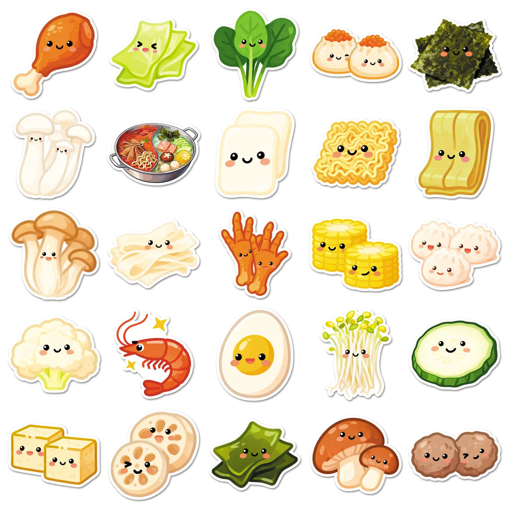 50Pcs Cartoon Hot Pot Ingredients Stickers, Cute Veggie Food Doodle Decals for Notebook Phone Cup Fridge Kitchen DIY Decor