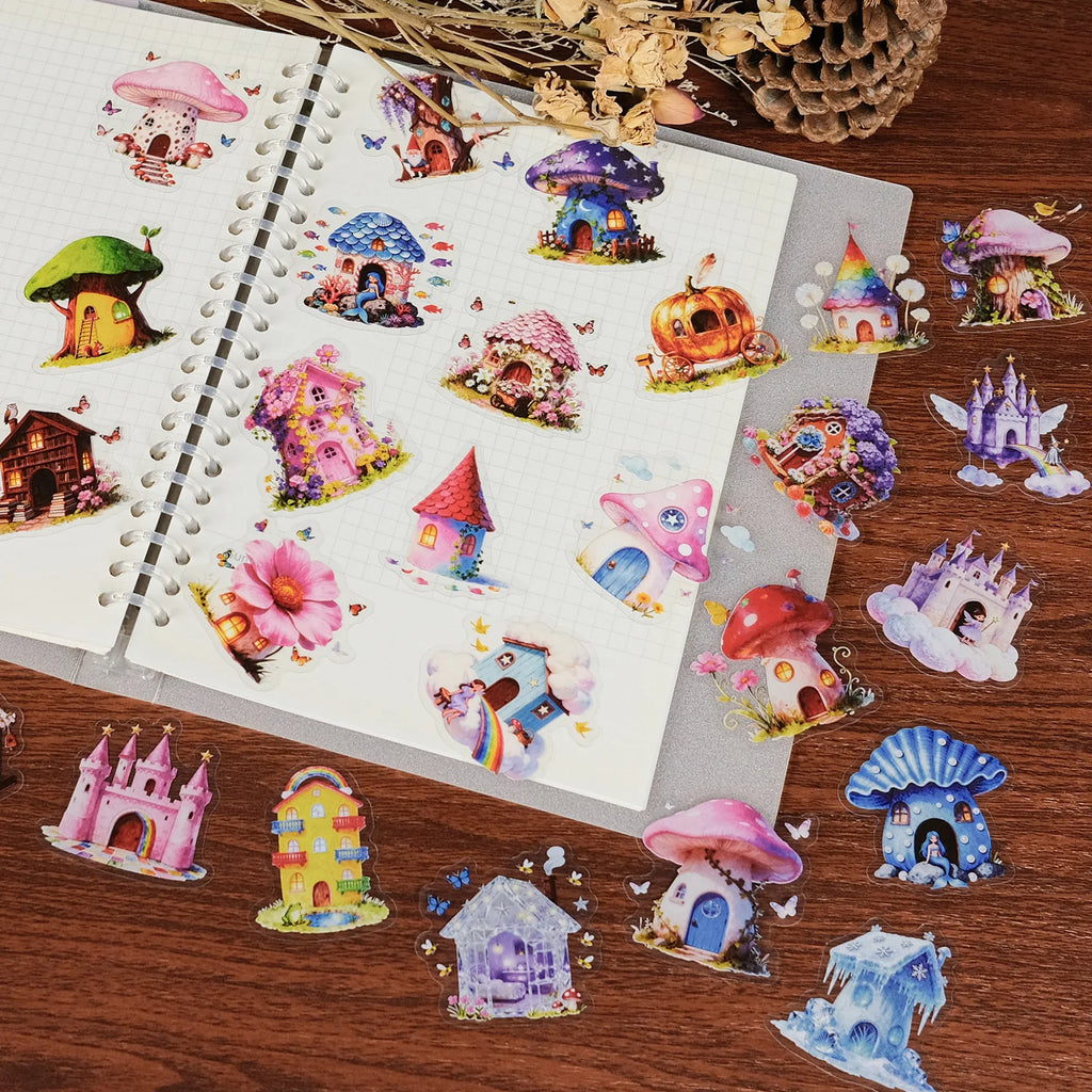 56/112Pcs Fairytale Colorful Mushroom House Castle Stickers, Clear PET Decals for Stationery Notebook Fridge Luggage Guitar