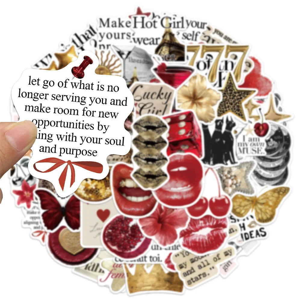 50PCS Gold&Red Decorative Stickers Set DIY Scrapbook Phone Case Laptop Tablet Toy Decorative Stickers