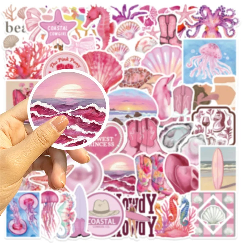 10/30/50PCS Kawaii Pink Beach PVC Sticky Sticker Aesthetic DIY Decoration Scrapbooking School Stationery Supplies for Kids