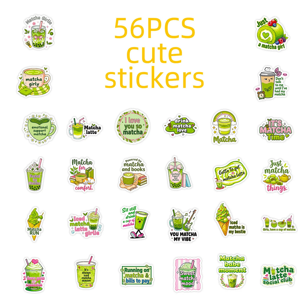 56PCS Matcha Style Cute Stickers Fun Phrase Decals Student Stationery DIY Phone Tablet Luggage Decor Aesthetic Decal Sticker