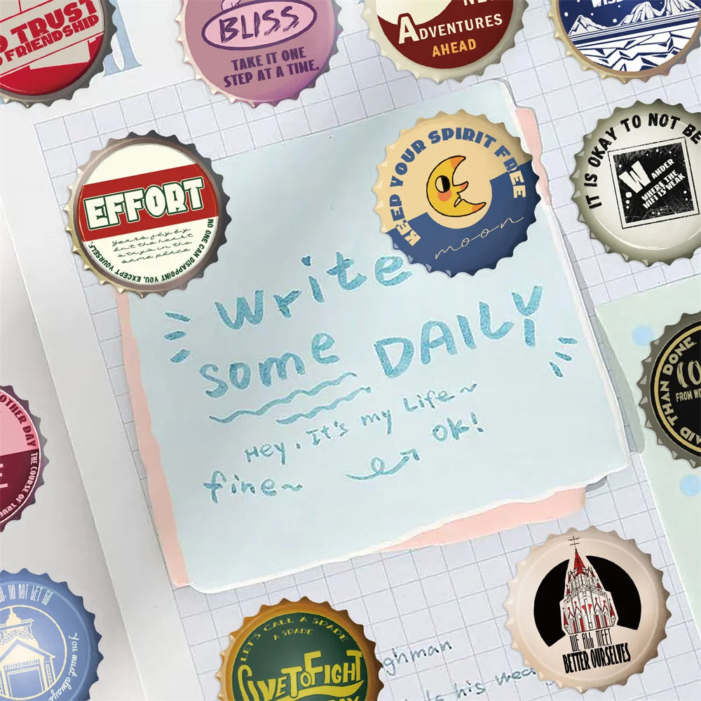 ‌50/100Pcs Retro Bottle Cap Stickers Unique Non-repeating Waterproof Decals for Fridge, Notebook, Guitar, Helmet, Car, Bicycle