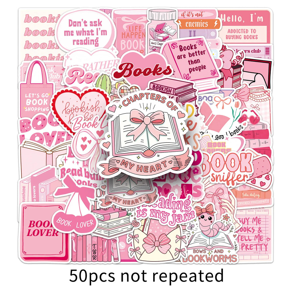 50-Pack Pink Bookish Romantic Graffiti Decal Stickers for Phone Laptop Guitar Helmet Skateboard Luggage Notebook