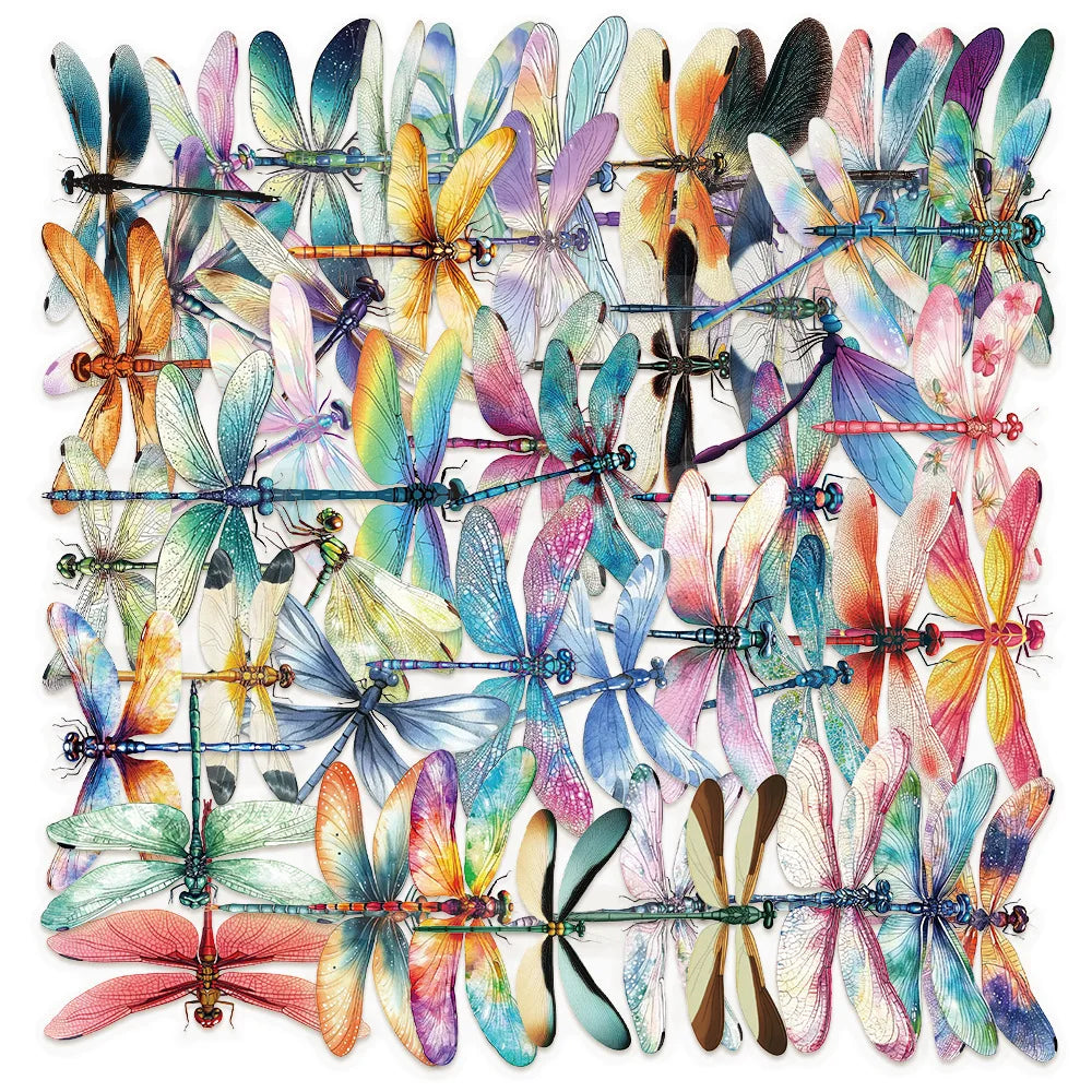 50 Pcs Cartoon Colorful Dragonfly Stickers PET Material Decorative Luggage, Refrigerator, iPad Water Cup Waterproof Stickers