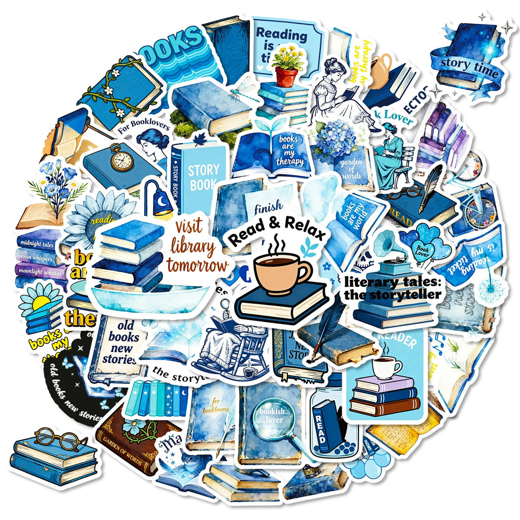 56PCS Bookshelf Therapy Doodle Stickers, Blue Reading Theme Student Stationery Notebook Suitcase DIY Decorative Art Sticker