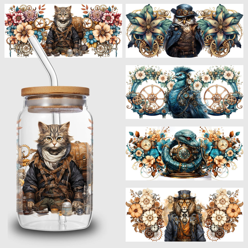 5 sheets Steampunk UV DTF Cup Stickers, DTF Friction Transfer Stickers, Waterproof Cartoon Transfer Stickers for 16oz Glass Cups