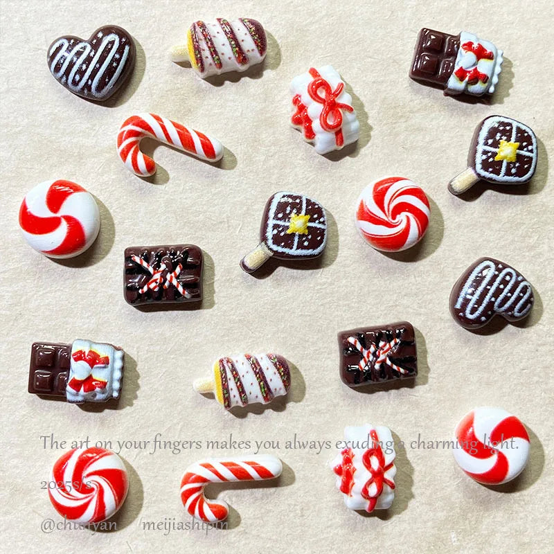 10pc Christmas Chocolate Candy Nail Charms Cute Simulation Series Food Play Cake Nails Accessories DIY Rhiestones Nails Decorati