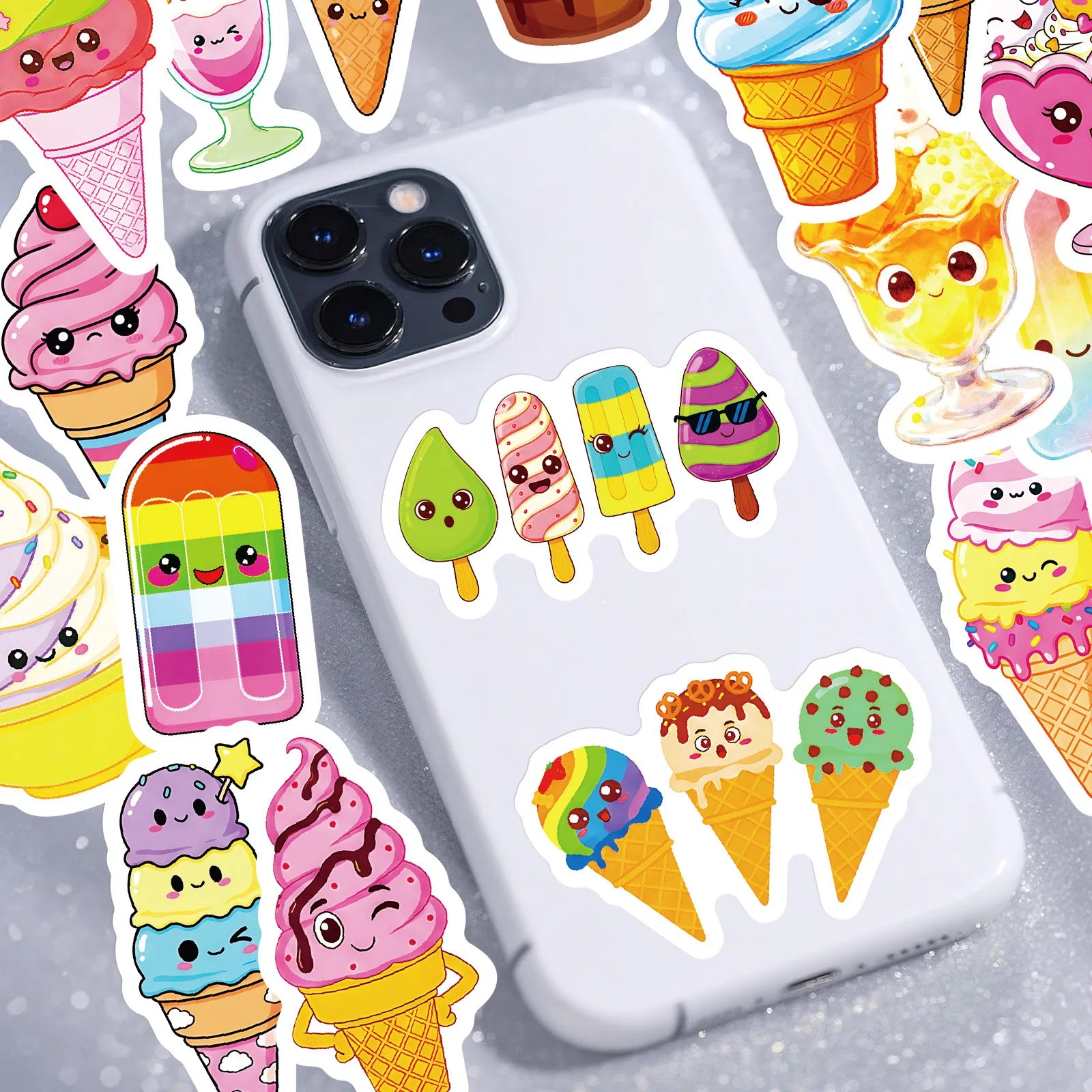 50PCS Cartoon Ice Cream Cute Doodle Stickers Easy Peel Kids DIY Fun Craft Student Notebook Tablet Decorative Sticker