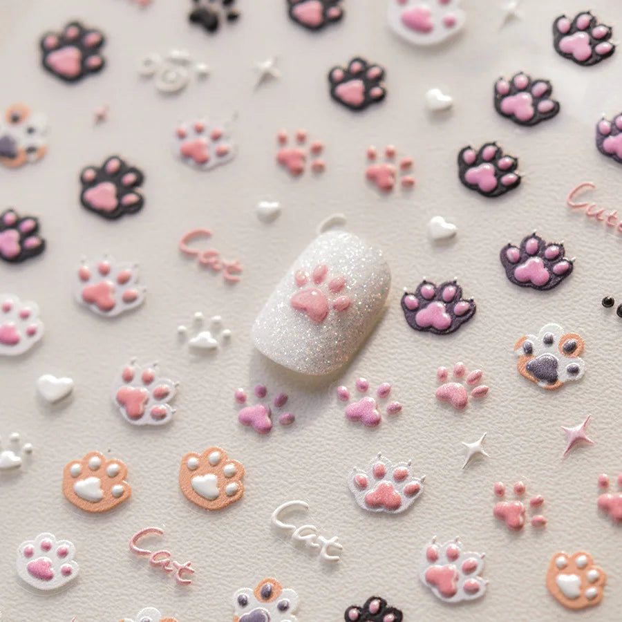 Nail Stickers Cat Cute Jelly Pink Cat Paw Cartoon 5D Embossed Relief Self Adhesive Nail Art Sticker 3D Manicure Decals DIY Parts