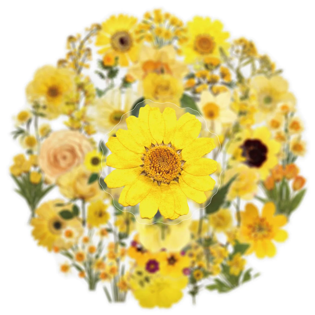 50/100PCS Transparent PET Yellow Flower Stickers Notebook Luggage Phone Waterproof Stickers