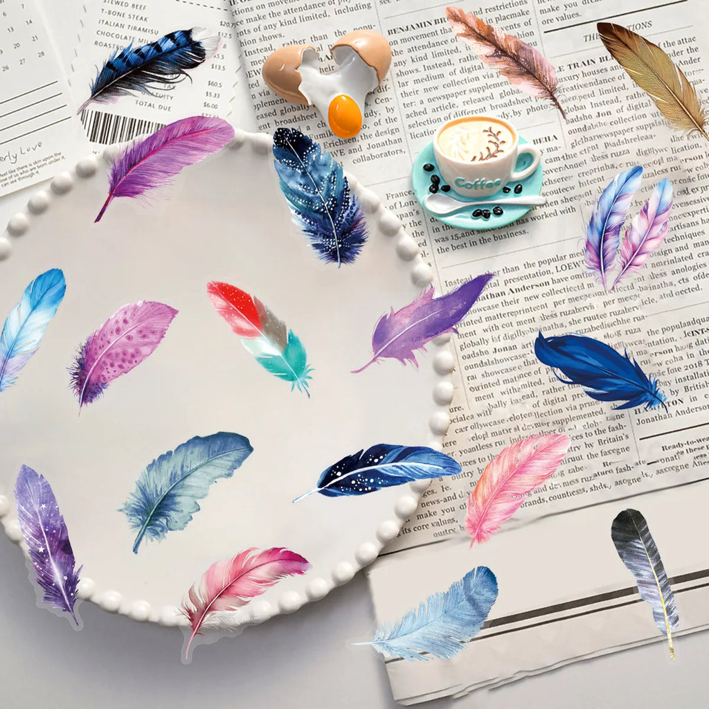 50 Pcs Dreamy Feather Colorful Transparent PET Waterproof Stickers for DIY Helmet Notebook Suitcase Fridge Window Drawer Decals