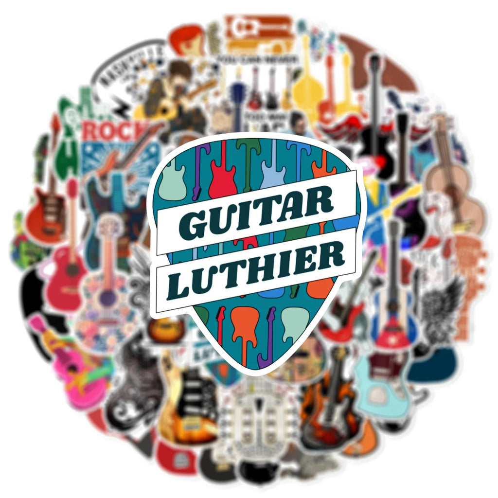 50/100 Pcs Reusable Trendy Guitar Instrument Doodle Stickers for DIY Notebook Scooter Guitar Piano Helmet Car Suitcase Decals