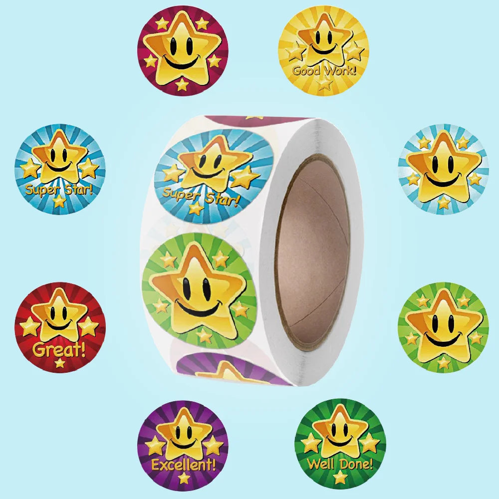 500Pcs/Roll Cartoon Stars Smile Reward Encourage Stickers,2.5cm/1.0inch Round Perfect For Learning Rewards Game Party Gift Seal