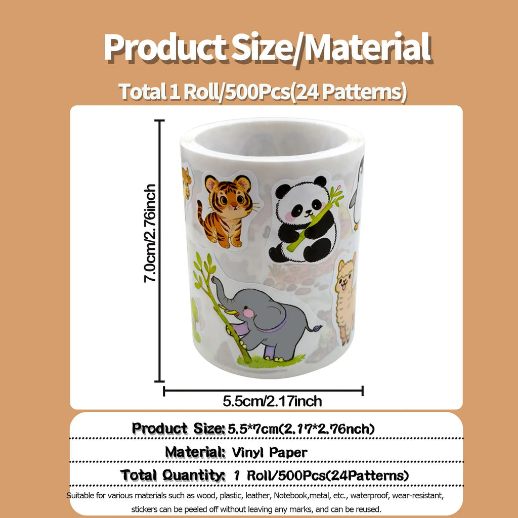 1Roll(500Pcs) 24 Irregular Lovable Animals Vinyl Waterproof Stickers Reusable DlY Craft Decoration Graffiti Scrapbook Labels