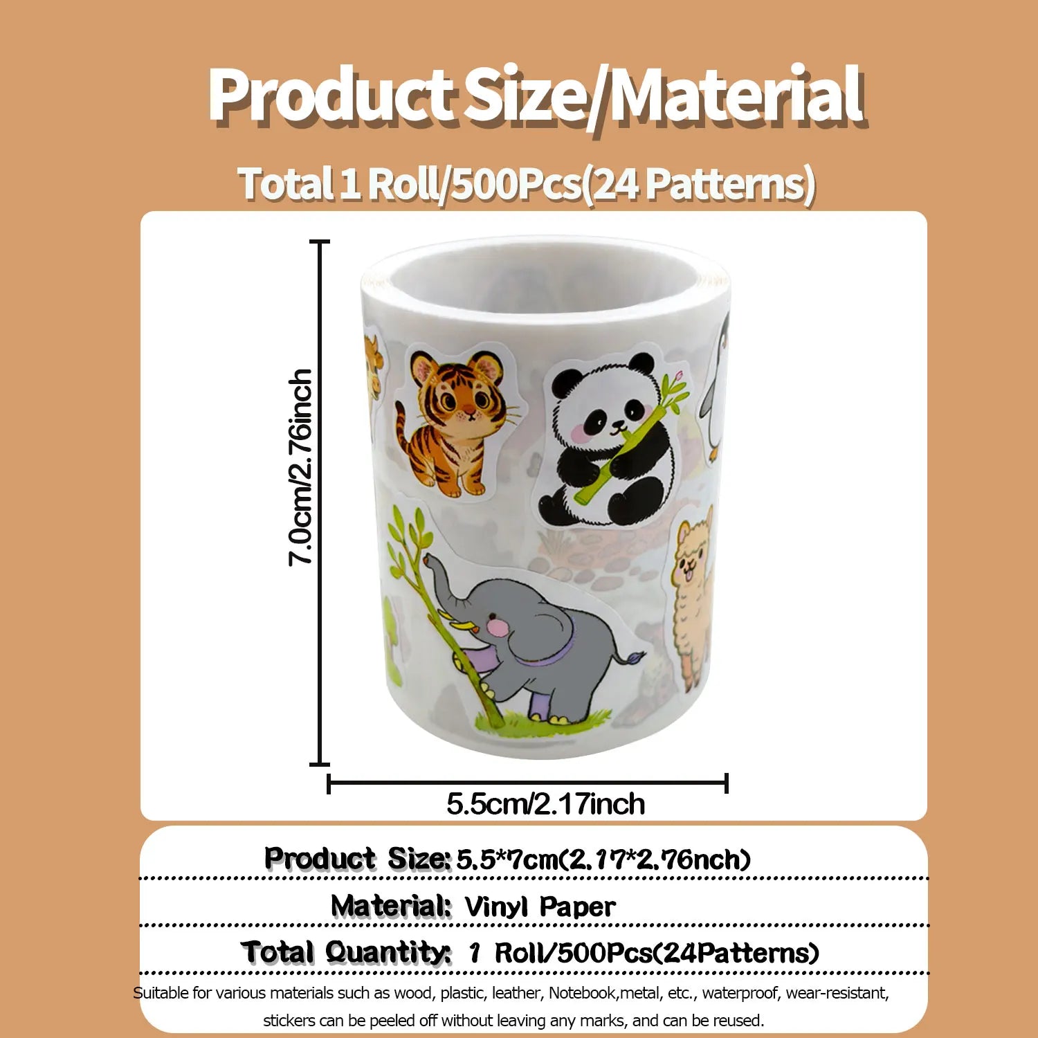 1Roll(500Pcs) 24 Irregular Lovable Animals Vinyl Waterproof Stickers Reusable DlY Craft Decoration Graffiti Scrapbook Labels