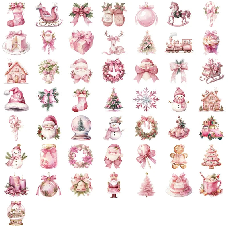 10/30/50PCS Cute Pink Christmas PVC Sticky Sticker Aesthetic DIY Decoration Scrapbooking Children's School Supplies