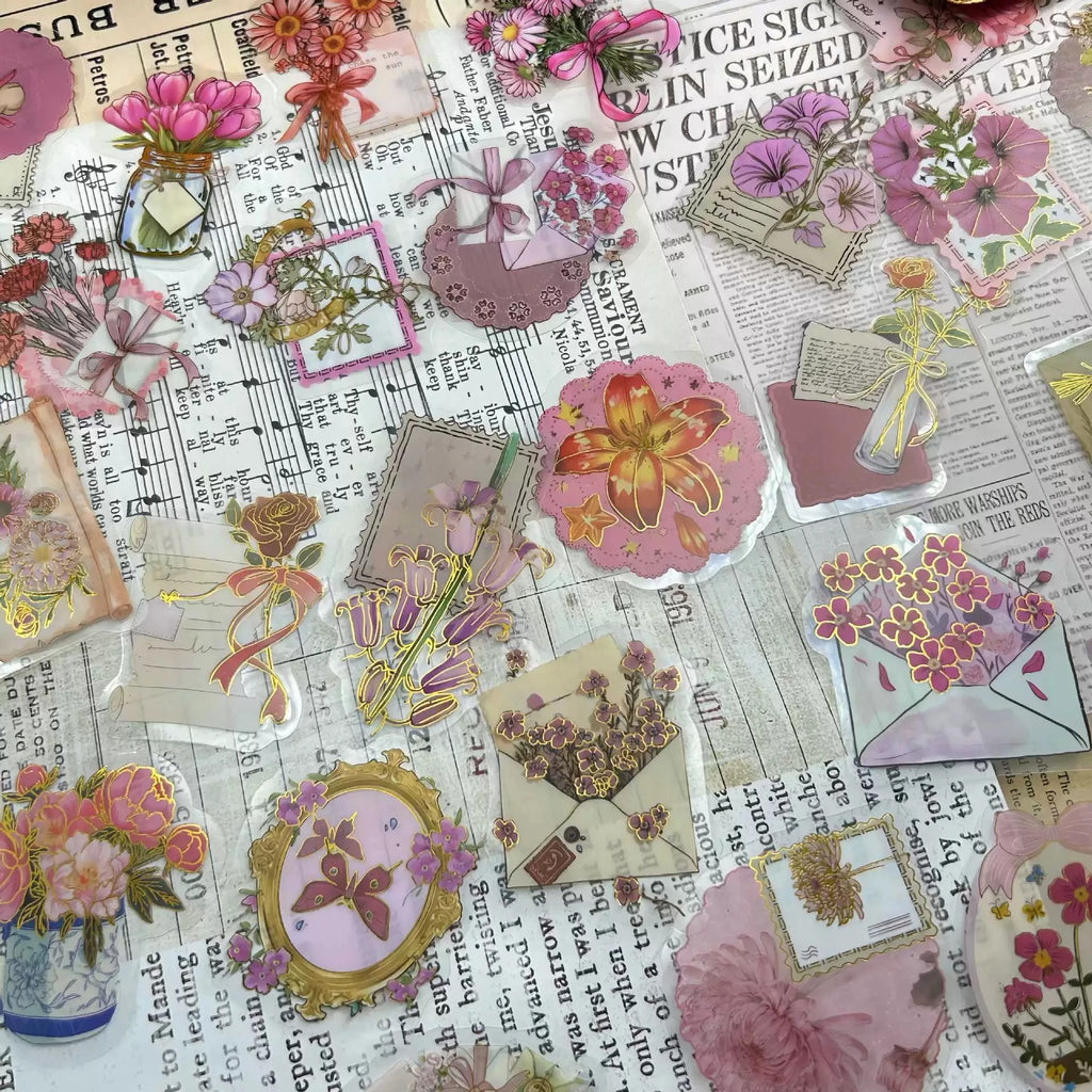 50/100PCS Cartoon Hot Stamping Flower Heart Language Sticker Pack Waterproof Transparent PET Decor Notebook Stationery Stickers
