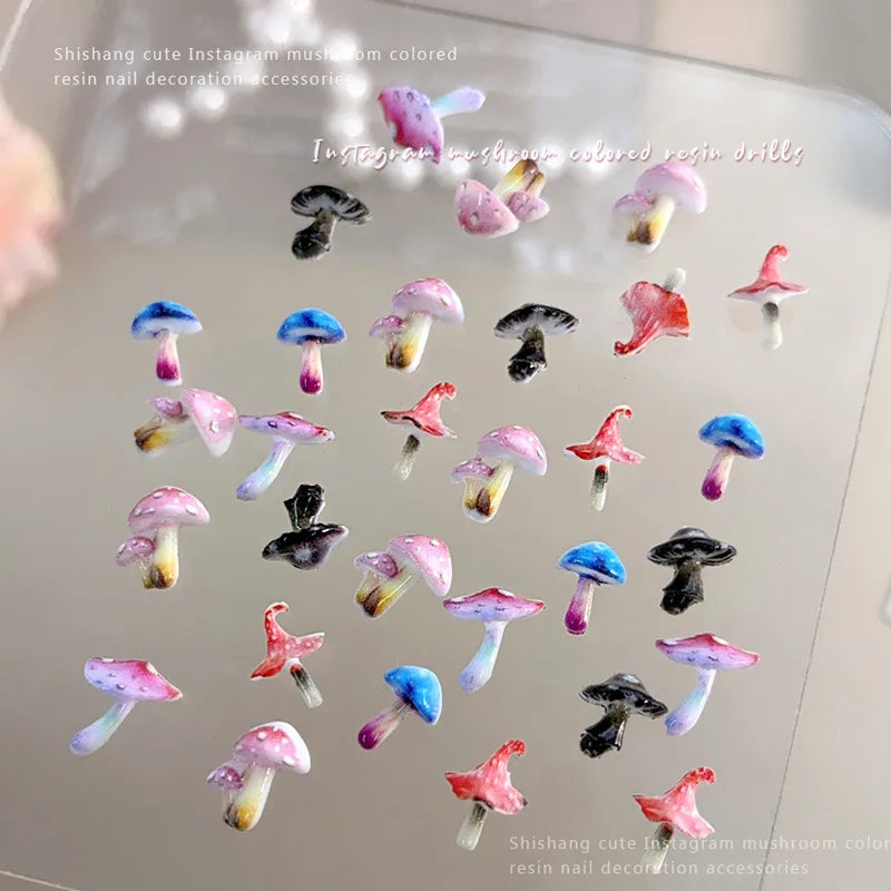 Cute And Magical Mushroom Nail Art Accessories Resin Cartoon Little Mushroom Nail Charms Wearable Nail Rhinestones Decorations