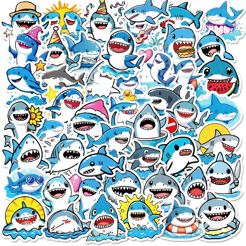 10/30/50PCS Kawaii Blue Shark PVC Sticky Sticker Aesthetic DIY Decoration Scrapbooking Children's School Supplies for Kids