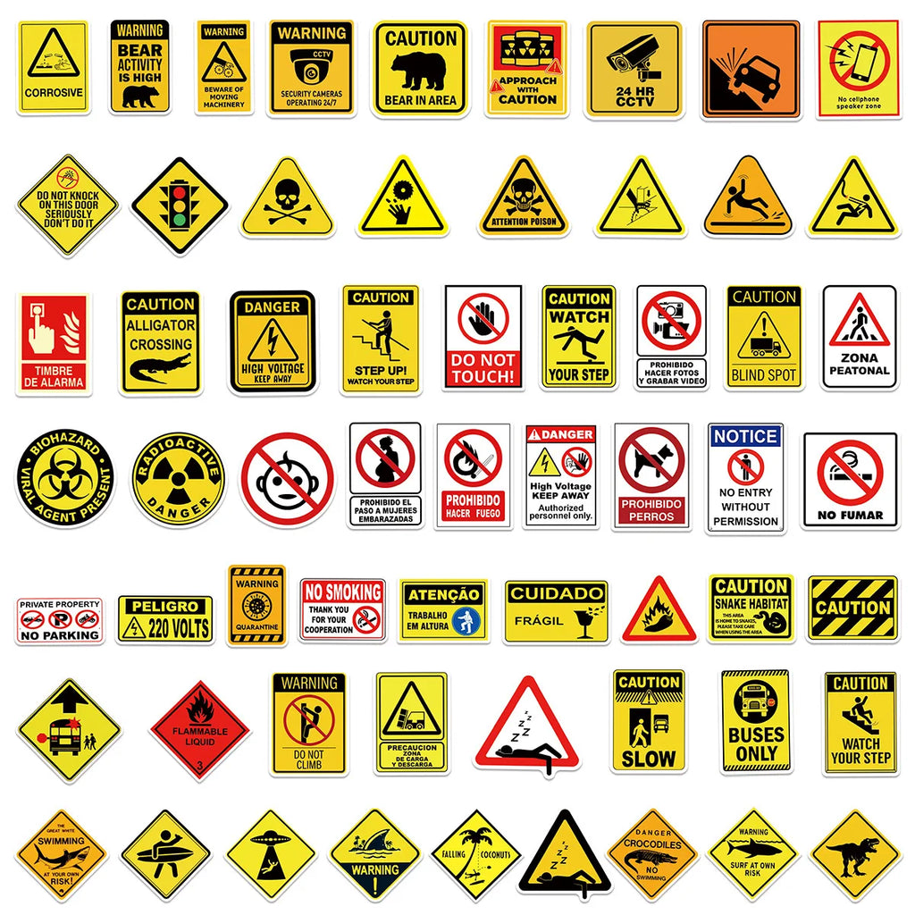 60-Piece Fun Warning Sign Graffiti Stickers for Phone Case Notebook Luggage Car Decorative Decals