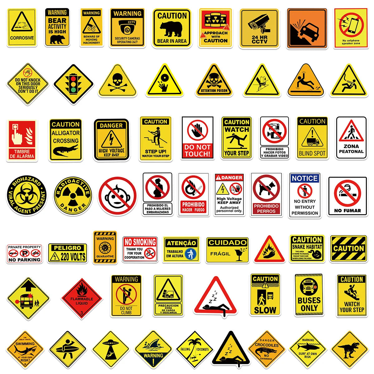 60-Piece Fun Warning Sign Graffiti Stickers for Phone Case Notebook Luggage Car Decorative Decals